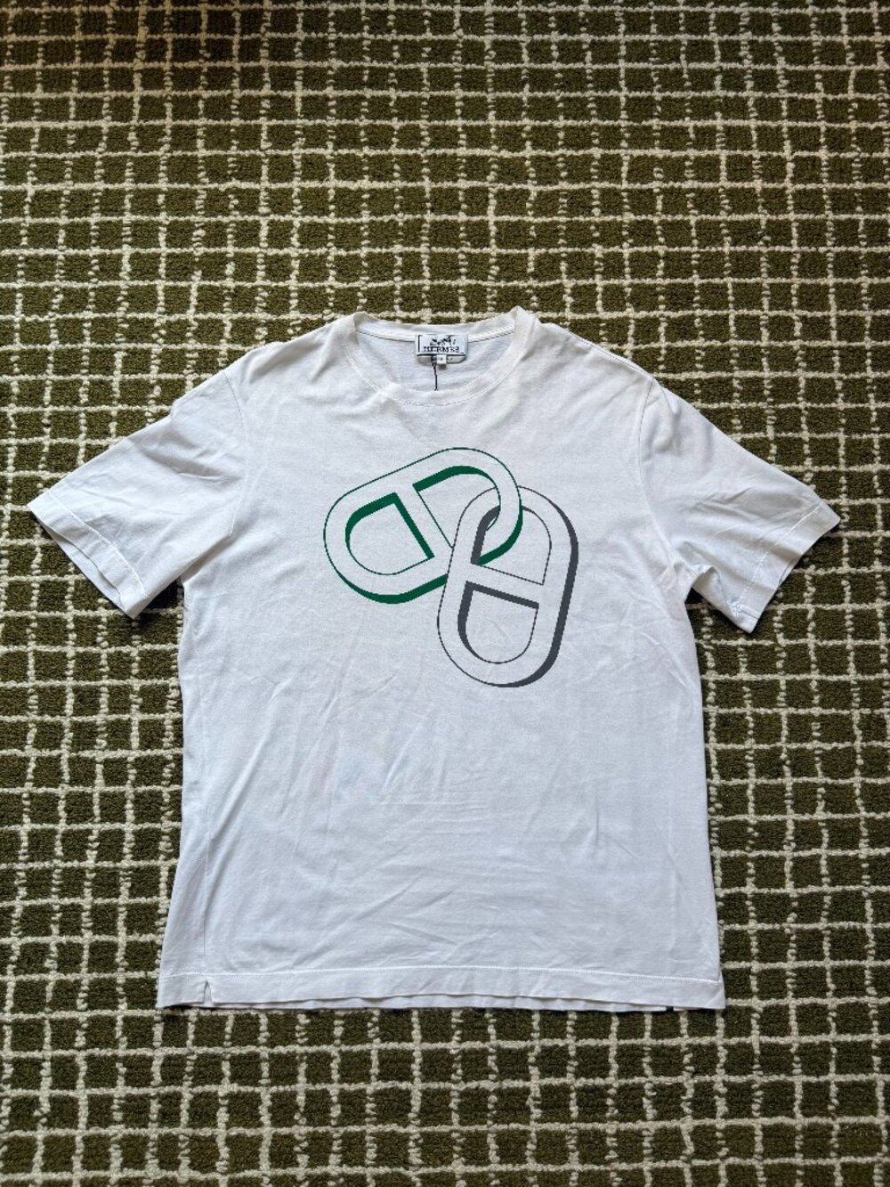 Hermès Men's Graphic T-Shirt White Green Chain-Link Print Sz M (fits S) Made in